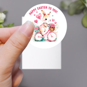Pegatina Redonda Easter Greetings Bunny Riding Bike Personalizado