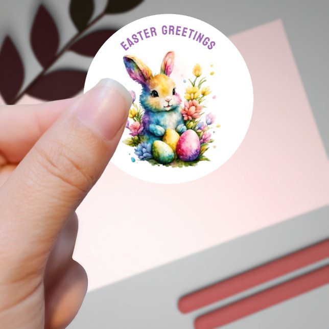 Pegatina Redonda Easter Greetings Colorous Bunny Personalizado (Subido por el creador)
