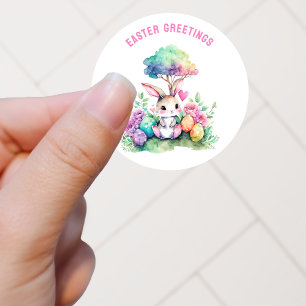 Pegatina Redonda Easter Greetings Colorous Bunny Personalizado