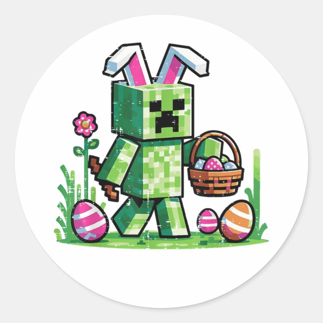 Pegatina Redonda Easter Pixel Gaming Bunny Egg Hunting (Anverso)
