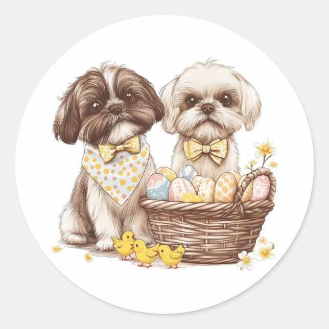 Pegatina Redonda Easter Shih Tzu Dogs (Anverso)