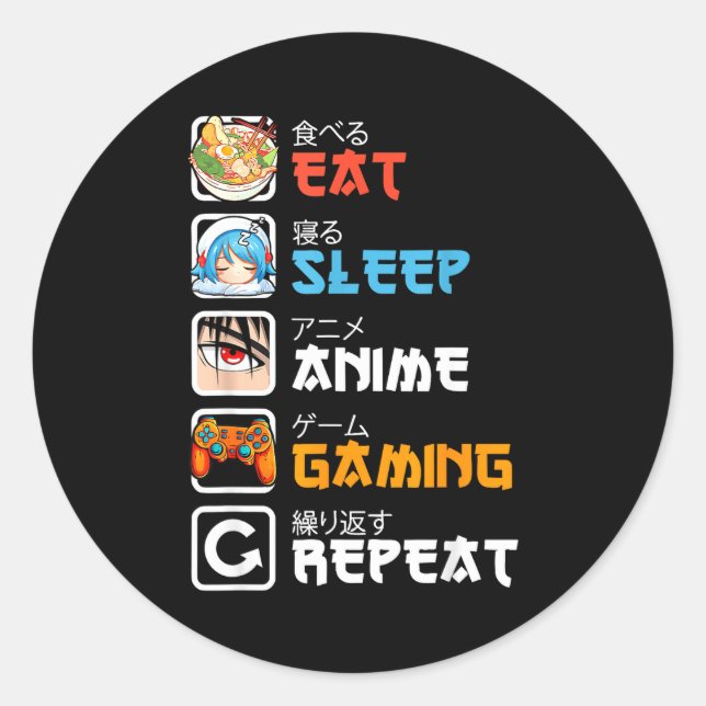 Pegatina Redonda Eat Sleep Anime Gaming Repeat Gamer Men Teen Boy G (Anverso)