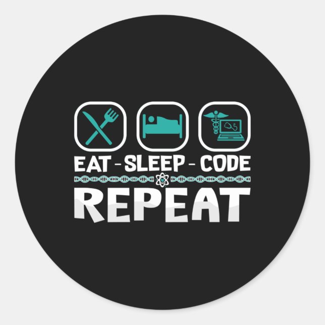Pegatina Redonda Eat Sleep Code Repeat Medical Coder ICD Coding (Anverso)