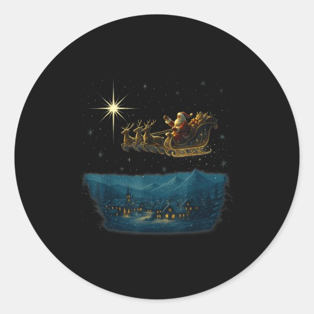Pegatina Redonda Ec Santa Sleigh With And Stars  (Anverso)
