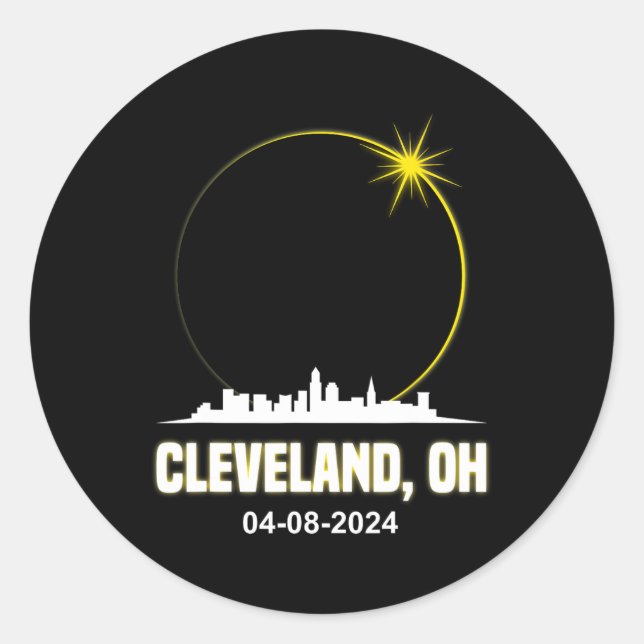 Pegatina Redonda Eclipse 2024 Cleveland Skyline Ohio Solar Eclipse (Anverso)