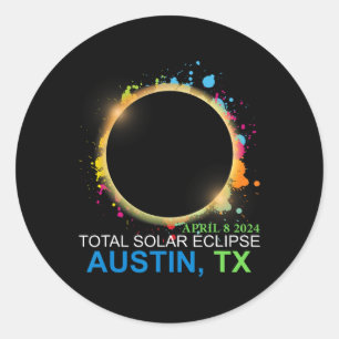 Pegatina Redonda Eclipse solar 2024 Austin Texas Totalidad Colorida