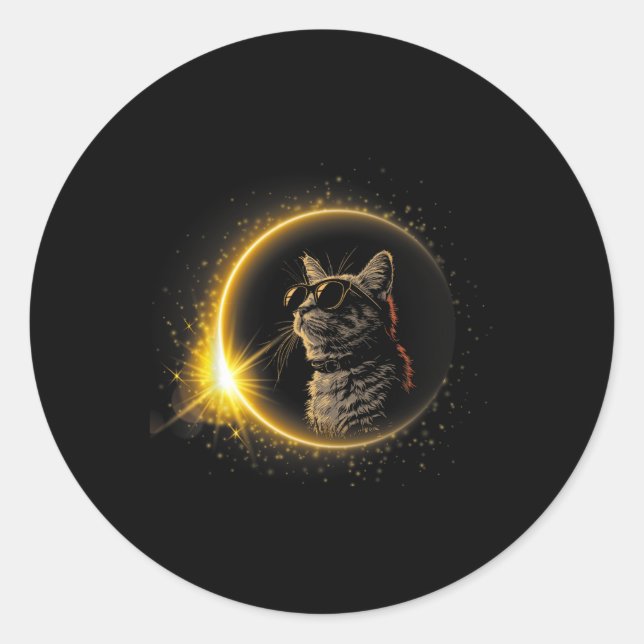 Pegatina Redonda Eclipse solar 2024 Gato con vidrio Eclipse solar (Anverso)