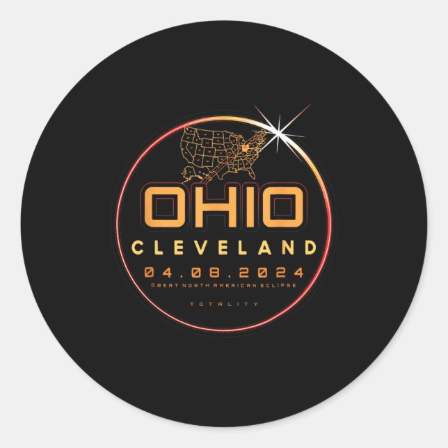 Pegatina Redonda Eclipse Solar 2024 Ohio Cleveland Eclipse Total A (Anverso)