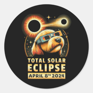 Pegatina Redonda Eclipse Solar 2024 Perro Con Gles Eclipse Solar