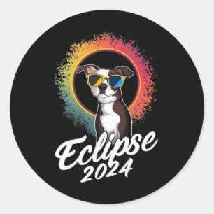 Pegatina Redonda Eclipse solar 8 de abril de 2024 Perro con sol ecl