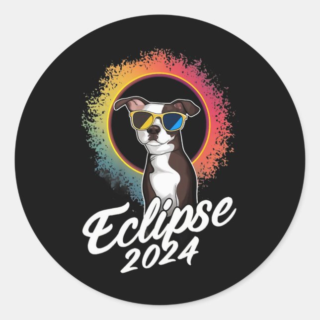 Pegatina Redonda Eclipse solar 8 de abril de 2024 Perro con sol ecl (Anverso)