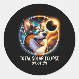 Pegatina Redonda Eclipse solar Corgi llevando lentes Mascota Abril 