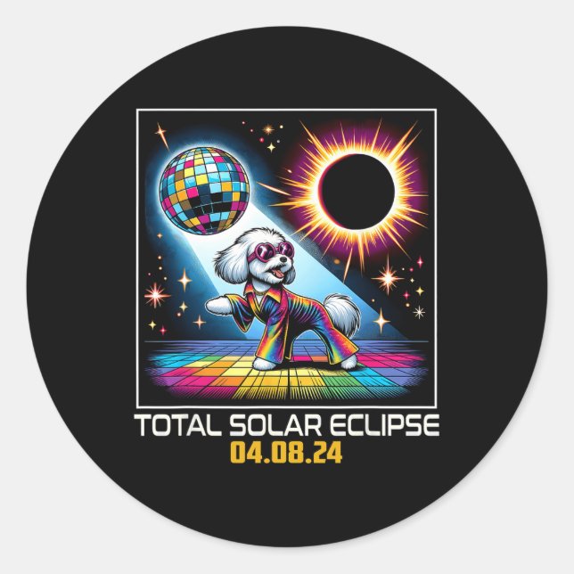 Pegatina Redonda Eclipse solar de disco de baile de perro (Anverso)