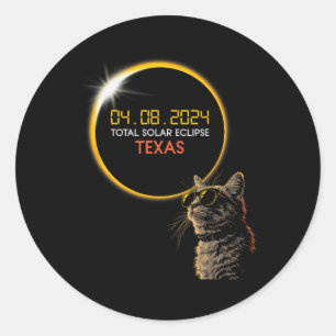 Pegatina Redonda Eclipse solar de Texas 2024 Gato con eclipse solar