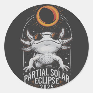 Pegatina Redonda Eclipse solar parcial 2025 Axolotl Anfibio