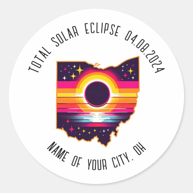 Pegatina Redonda Eclipse solar total 0408 2024 Ciudad Personalizado (Anverso)