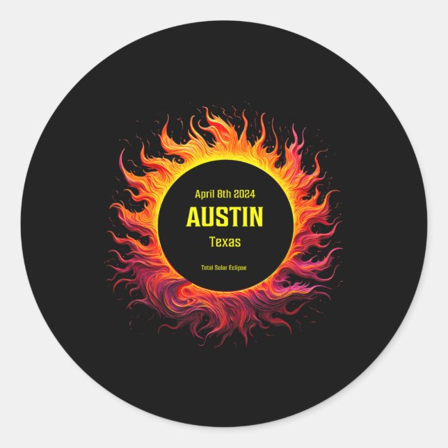 Pegatina Redonda Eclipse solar total 2024 Austin Texas (Anverso)