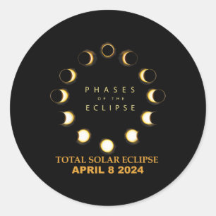 Pegatina Redonda Eclipse solar total 2024 Fases 8 de abril