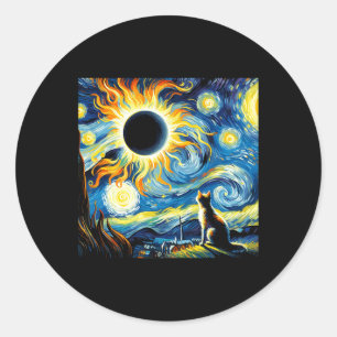 Pegatina Redonda Eclipse Solar Total 2024 Gato Starry De Van Gogh