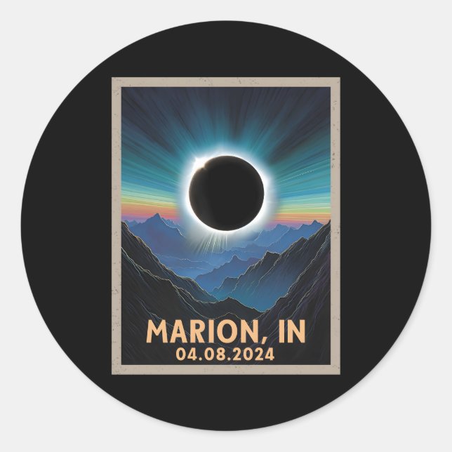 Pegatina Redonda Eclipse solar total 2024 Marion Indiana (Anverso)