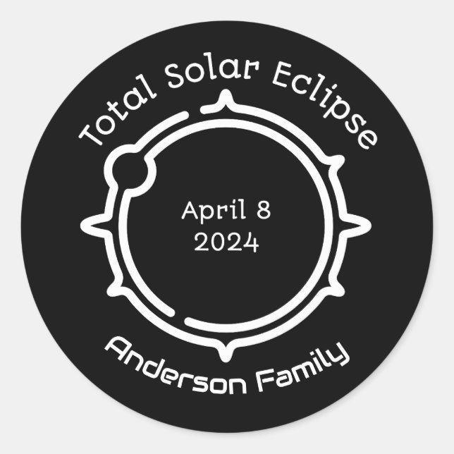 Pegatina Redonda Eclipse solar total 2024 Negro mínimo moderno (Anverso)