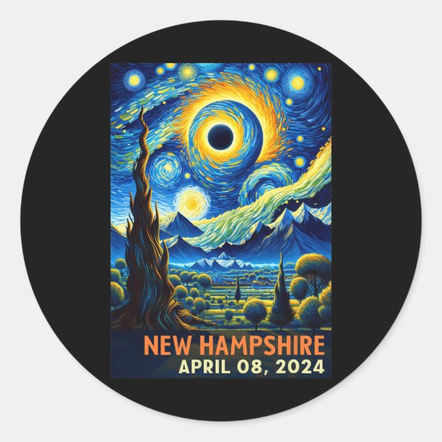 Pegatina Redonda Eclipse solar total 2024 New Hampshire Starry Nigh (Anverso)