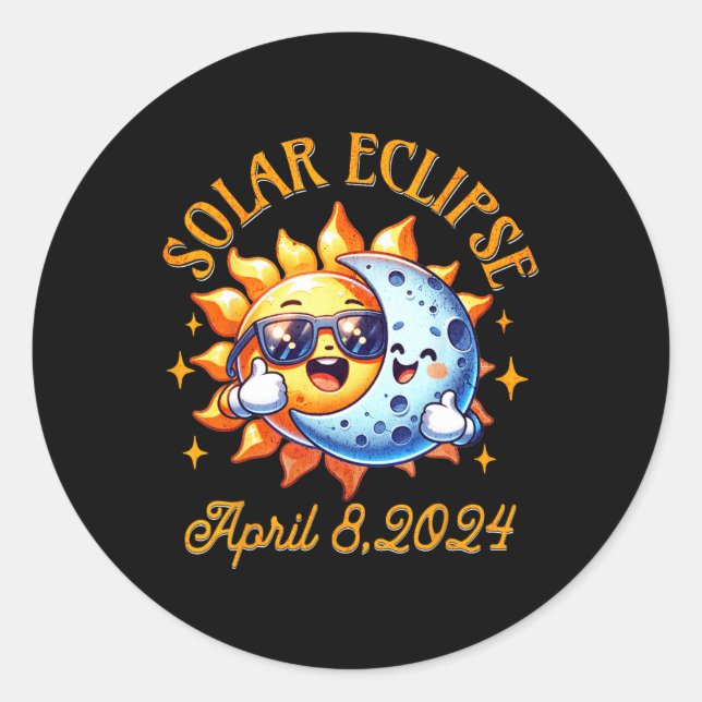 Pegatina Redonda Eclipse Solar Total 2024 Niños Eclipse Solar Cute  (Anverso)