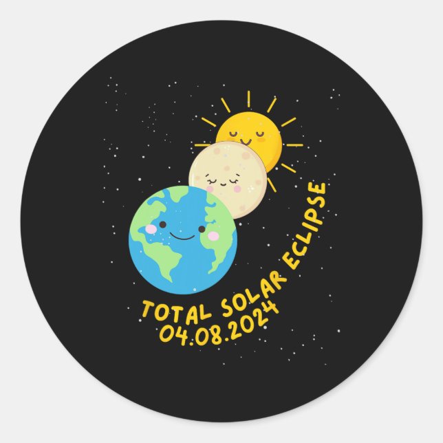 Pegatina Redonda Eclipse Solar Total 2024 Niños Eclipse Solar Cute  (Anverso)