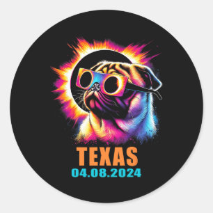 Pegatina Redonda Eclipse Solar Total 2024 Perro Pug Con Gles