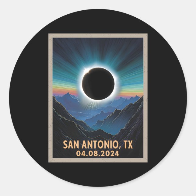Pegatina Redonda Eclipse solar total 2024 San Antonio Texas (Anverso)