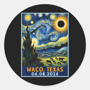 Pegatina Redonda Eclipse solar total 2024 Waco Texas Van Gogh Starr