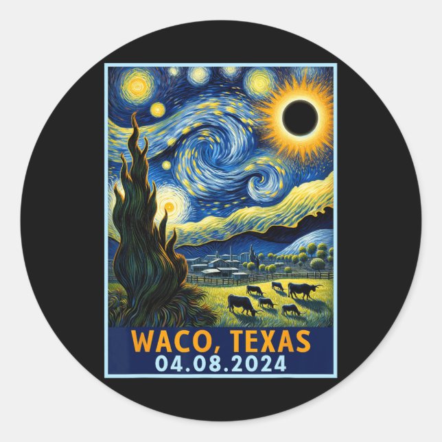 Pegatina Redonda Eclipse solar total 2024 Waco Texas Van Gogh Starr (Anverso)