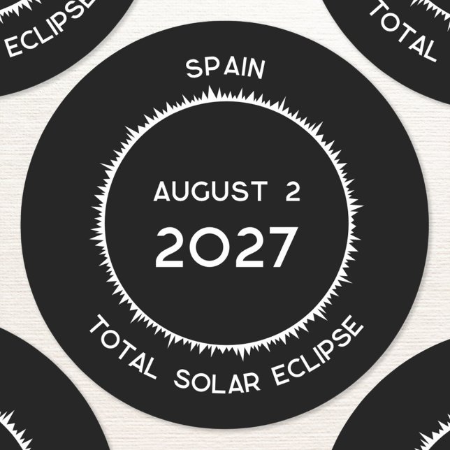 Pegatina Redonda Eclipse solar total 2027 España (Total solar eclipse August 2nd 2027 Spain custom text sticker)