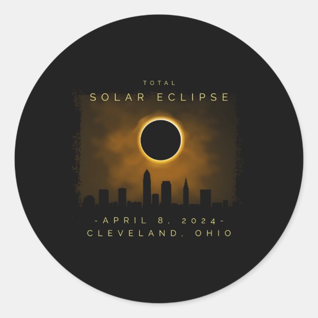 Pegatina Redonda Eclipse Solar Total De 2024 En Cleveland (Anverso)