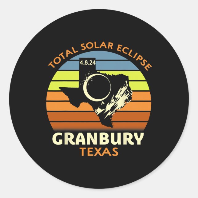 Pegatina Redonda Eclipse solar total de Granbury Texas 2024 (Anverso)
