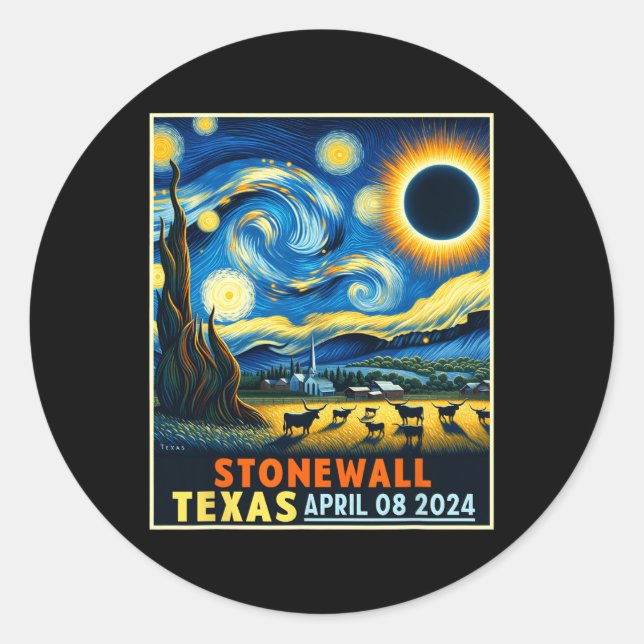 Pegatina Redonda Eclipse solar total de Stonewall Texas 2024 Starry (Anverso)
