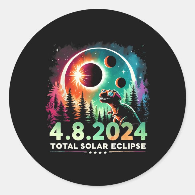 Pegatina Redonda Eclipse solar total Dinosaurio divertido con gafas (Anverso)