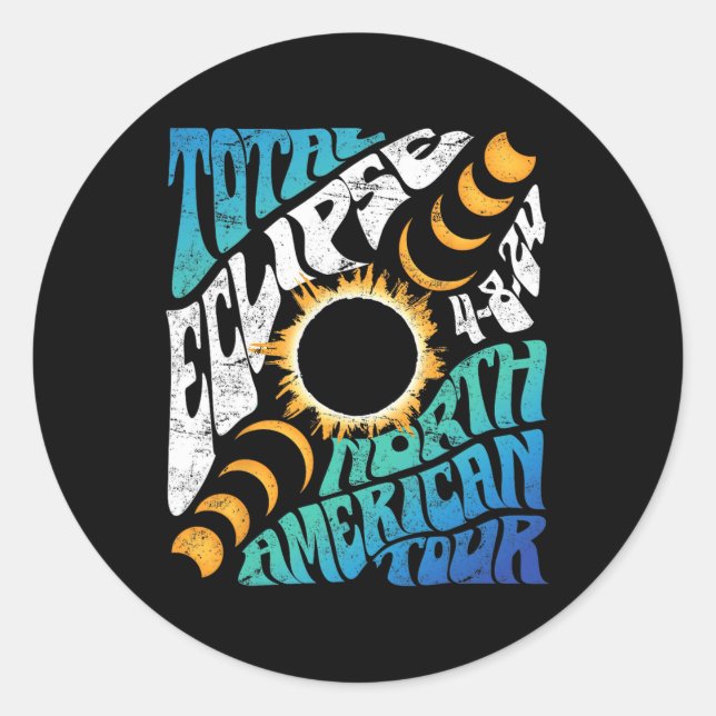 Pegatina Redonda Eclipse total 2024 Retro Groovy Tou norteamericano (Anverso)