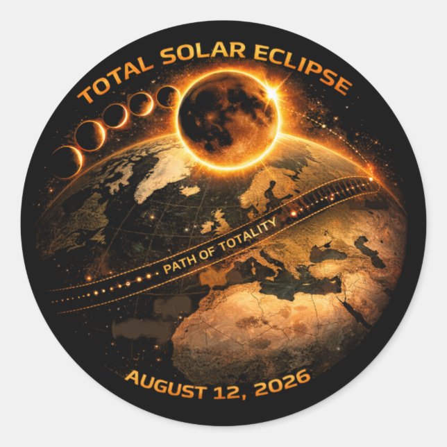 Pegatina Redonda Eclipse Total de Sol 2026 Camino de Totalidad (Anverso)