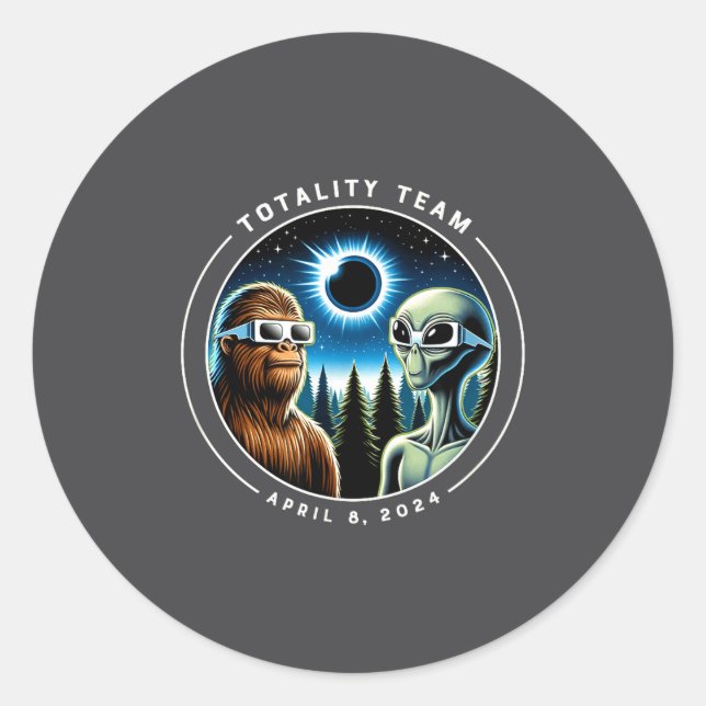 Pegatina Redonda Eclipse Total de Sol Bigfoot Alien (Anverso)