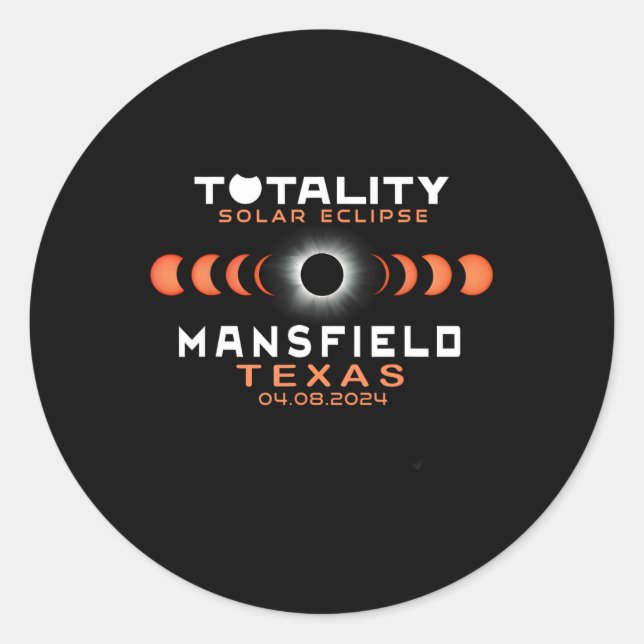 Pegatina Redonda Eclipse total de sol de Mansfield Texas 2024 (Anverso)