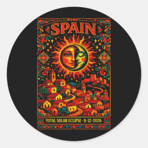 Pegatina Redonda Eclipse Total de Sol Total en España 2026 Arte Fol