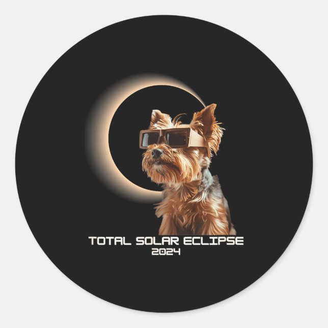 Pegatina Redonda Eclipse Total de Sol Yorkshire Terrier (Anverso)