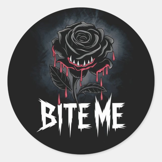 Pegatina Redonda Edgy 'Bite Me' Diseño Gótico Rosa (Anverso)