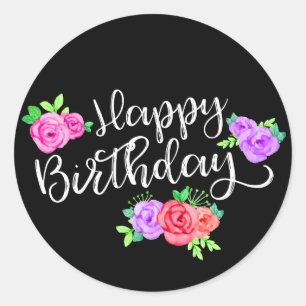 Pegatina Redonda Edgy Rosas y franjas modernas Feliz cumpleaños