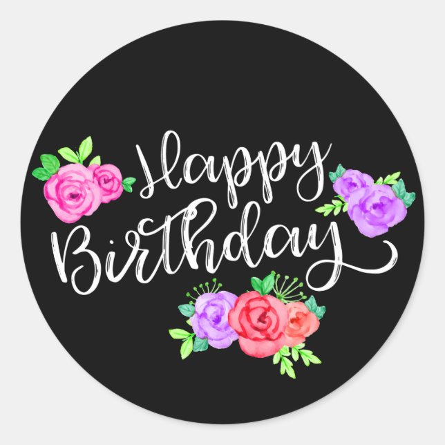 Pegatina Redonda Edgy Rosas y franjas modernas Feliz cumpleaños (Anverso)