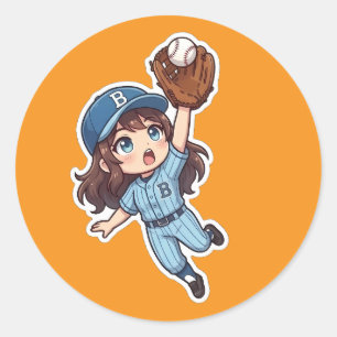 Pegatina Redonda Edición de béisbol Chibi - Salto de atrapada