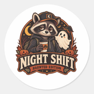 Pegatina Redonda Edición Vintage Halloween Night Shift Raccoon Haun