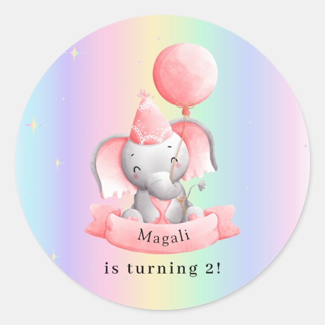 Pegatina Redonda Editable 2nd Birthday Sticker Cute Elephant (Anverso)