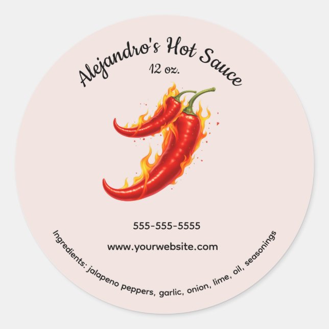 Pegatina Redonda Editable Mexican Flaming Hot Sauce Label (Anverso)